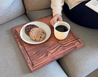 Handmade Wooden Square Sofa Tray Table – Solid Spruce Couch Armrest Table, Rustic & Modern Design