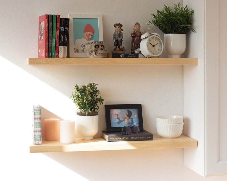 Custom Size Floating Wooden Shelves With Brackets Hardware Etsy