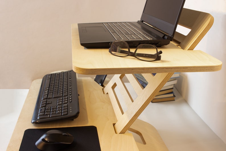 Adjustable Wood Laptop Stand Standing Desk Converter Workstation Deskstand Birch Plywood Tabletop Handmade Gift for Teacher image 4