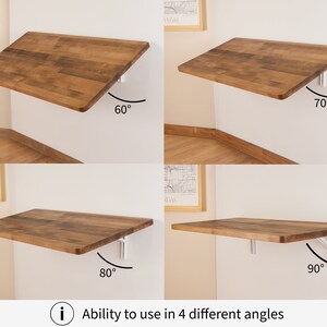 Puede incluir: Una mesa plegable de madera para montar en la pared con soportes de metal blanco. La mesa se puede ajustar a cuatro &aacute;ngulos diferentes: 60 grados, 70 grados, 80 grados y 90 grados.