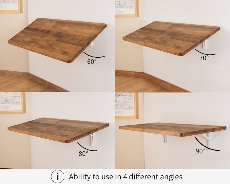 Puede incluir: Una mesa plegable de madera para montar en la pared con soportes de metal blanco. La mesa se puede ajustar a cuatro &aacute;ngulos diferentes: 60 grados, 70 grados, 80 grados y 90 grados.