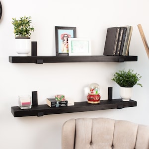 Black Wooden Shelf with Industrial Metal Brackets Custom Size Floating Shelf Shelf with Flat Bracket Heavy Duty Shelf Rustic Shelf image 3
