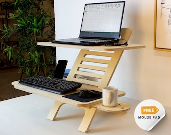 Adjustable Wood Laptop Stand - Standing Desk Converter - Workstation Deskstand - Birch Plywood Tabletop -  Handmade Gift for Teacher