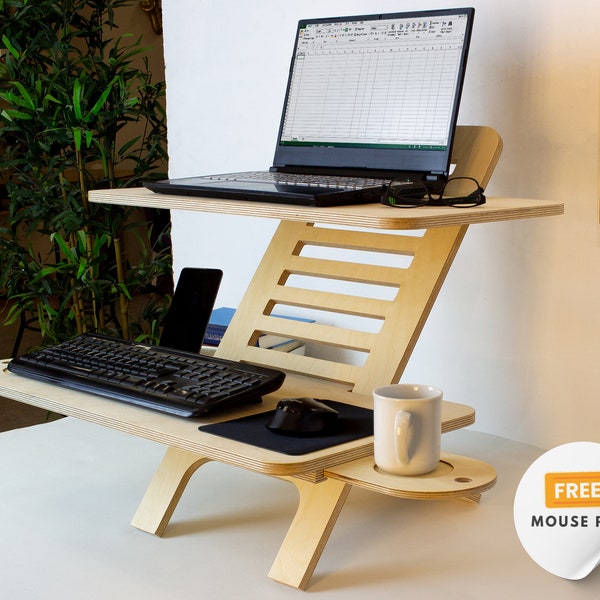 Adjustable Wood Laptop Stand - Standing Desk Converter - Workstation Deskstand - Birch Plywood Tabletop -  Handmade Gift for Teacher