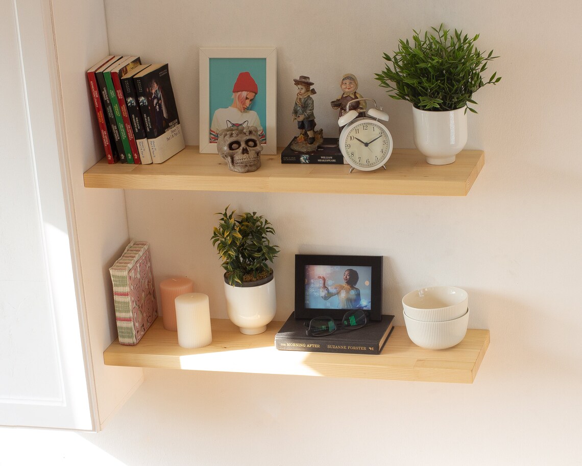 Custom Size Floating Wooden Shelves With Brackets Hardware Etsy