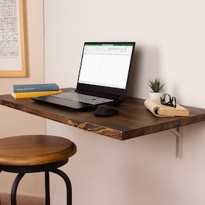 Solid Wood Floating Desk, Wall Mounted Desk, Wall Hanging Desk, Laptop Desk, Study Table, Work From Home, Fold Down Desk, Murphy Desk Black Brown-Pictured