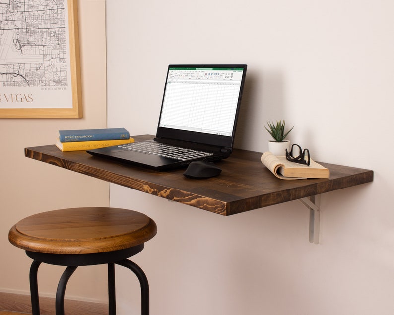 Solid Wood Floating Desk, Wall Mounted Desk, Wall Hanging Desk, Laptop Desk, Study Table, Work From Home, Fold Down Desk, Murphy Desk Black Brown-Pictured