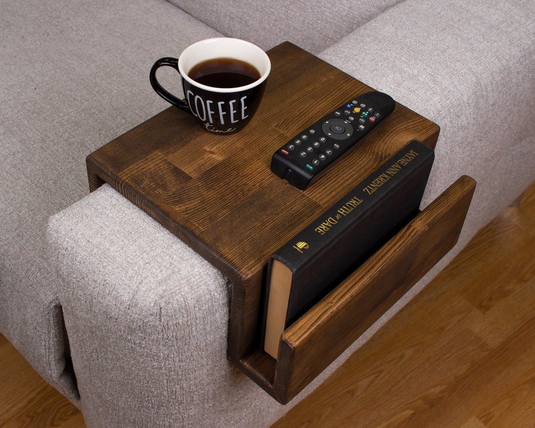 Couch Arm Rest Table With Magazine Stand, Modern Wood Armrest Table