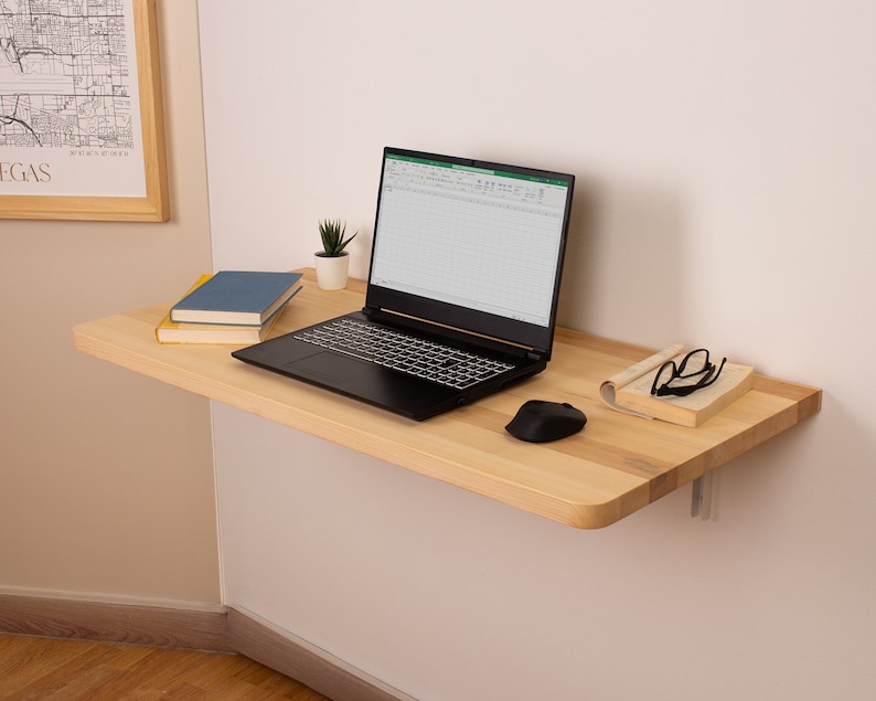 Wood Floating Desk, Wall Mounted Desk, Small Desk, Murphy Desk Table, Folding Desk, Home Office Desk, Wall Hanging Table, Unique Gift Natural (pictured)