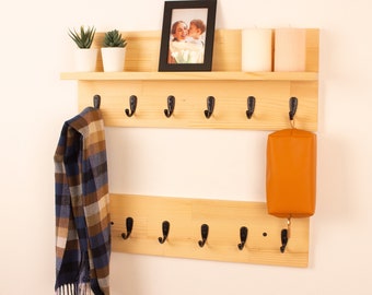 Solid Wood Coat Rack | Coat Rack With Shelf | Key Holder | Entryway Organizer | Towel Rack | Wall Mounted Coat Rack With Storage