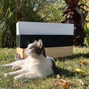 May include: A white, black, and natural wood planter box sits on green grass. A white and gray cat is lying in front of the planter box, looking up.