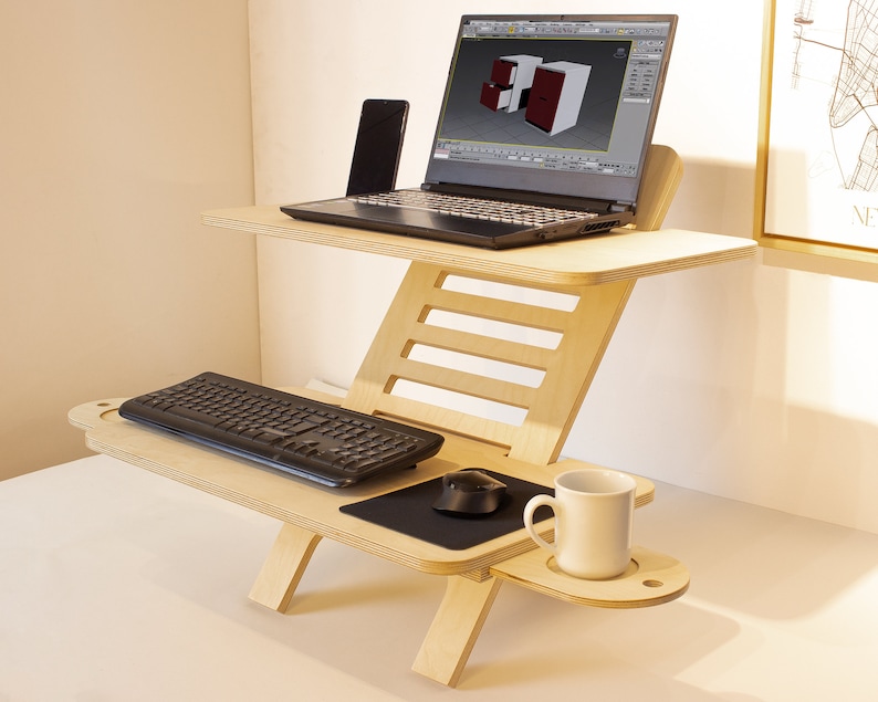 Adjustable Wood Laptop Stand Standing Desk Converter Workstation Deskstand Birch Plywood Tabletop Handmade Gift for Teacher image 9
