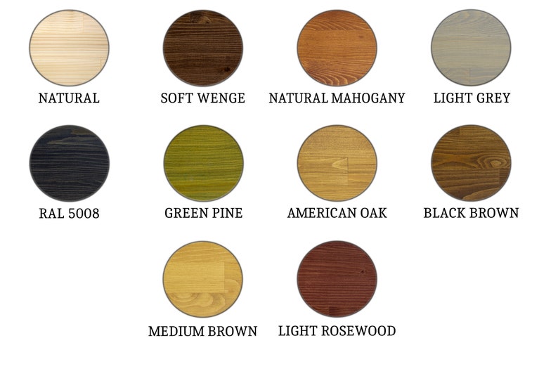 Pode incluir: Uma tabela de 10 cores de tinta para madeira, incluindo Natural, Wengu&eacute; suave, Mogno natural, Cinza claro, RAL 5008, Pinho verde, Carvalho americano, Castanho escuro, Castanho m&eacute;dio e Pau-rosa claro.
