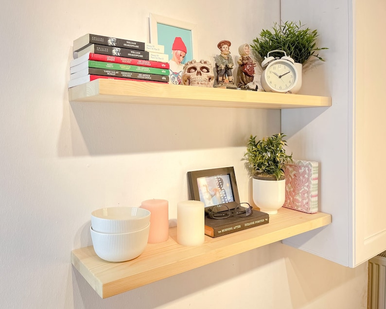 Custom Size Floating Wooden Shelves With Brackets Hardware Etsy