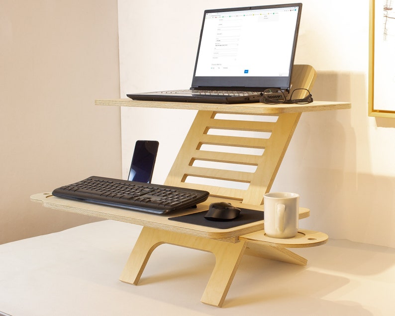 Adjustable Wood Laptop Stand Standing Desk Converter Workstation Deskstand Birch Plywood Tabletop Handmade Gift for Teacher image 2
