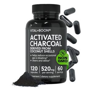 May include: A black bottle of Vital+Boon Activated Charcoal capsules. The label states the product is derived from coconut shells and helps reduce gas and bloating. The bottle contains 120 capsules, 520mg per serving, and 60 servings.