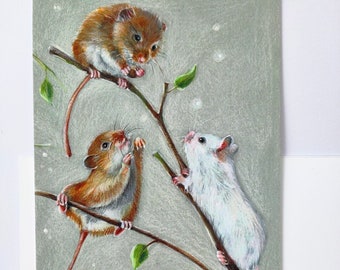 Ansichtkaart titel :'De muizen'.  (wenskaart mini print dier natuur postcrossing illustratie tuinvogel hamster vriendschap)