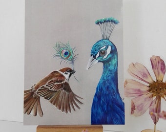 Postcard 'A gift for you!' (with the little sparrow and the peacock)