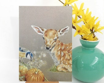 Postcard with little deer and blue tit. ( glossy)