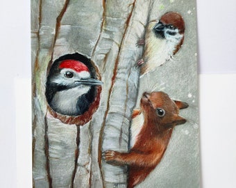 Postcard The tree, the squirrel, the sparrow and the woodpecker
