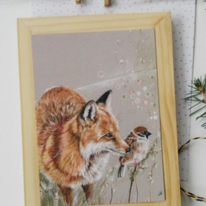 Ansichtkaart. Titre : De intelligente vos en kleine mus (wenskaart kunst print vogel dier natuur postcrossing illustratie mus)