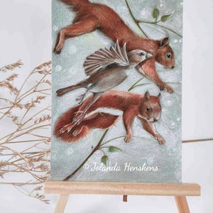 Ansichtkaart. Titolo: Vliegende eekhoorns ( wenskaart print vogel dier natuur postcrossing illustratie mus kunst)
