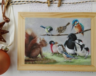 Ansichtkaart 'Friends together' (wenskaart kunst print vogel natuur postcrossing kinderillustratie bosdieren vogels)