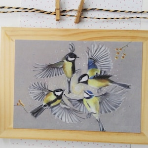 Ansichtkaart. Titel: Dans van het leven. (wenskaart kunst mini print vogel dier natuur postcrossing illustratie tuinvogel koolmezen)
