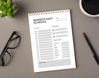 May include: A black and white printable business daily schedule planner with sections for to-do list, social media, today's tracker, and today's note.