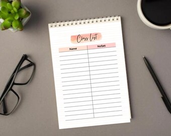 Puede incluir: Una plantilla de lista de clase imprimible con un fondo de acuarela melocotón y naranja. La plantilla tiene columnas para "Nombre" y "Notas".