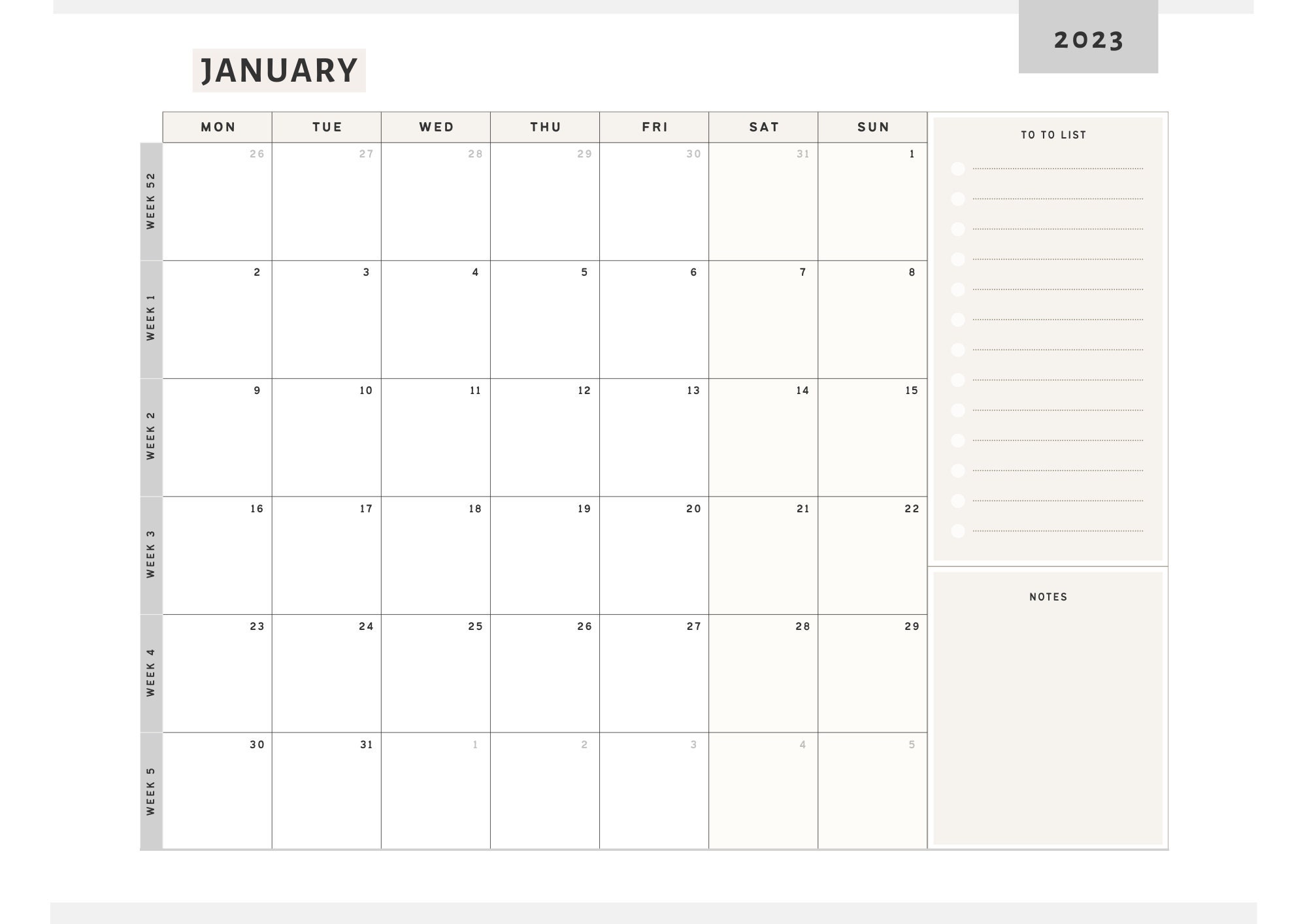 2023 Monthly Calendar Landscape, Printable Calendar Template