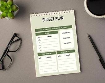 May include: A green and white budget planner with the title "BUDGET PLAN" and a monthly calendar from January to December. The planner has sections for income, fixed expenses, and other expenses with columns for date and amount.