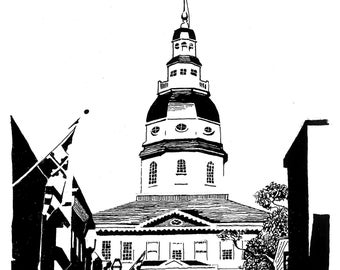 Annapolis Maryland Capitol Print Pen and Ink Drawing Art