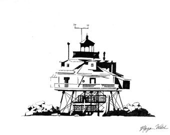 Chesapeake Bay Lighthouse Print, Thomas Point Light Pen and Ink Art Drawing