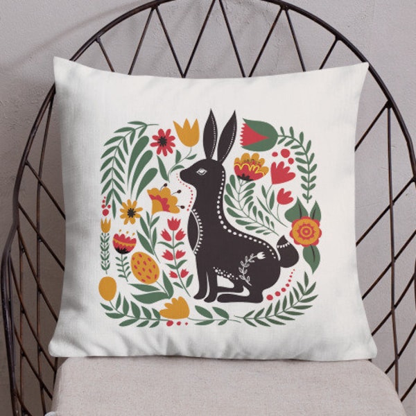 Rabbit Pillow - Folk Art Print - 18x18