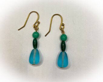 Blue and Green Glass Bead Drop Earrings