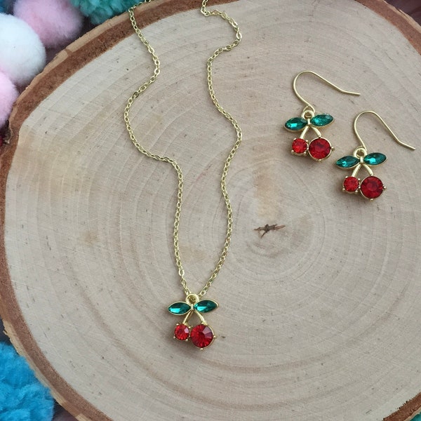 CLEARANCE 50% OFF - Cherries Jubilee Set  - Cherry Necklace - Cherry Jewelry -Children's Jewelry -Cherry Earrings -Charm Necklace