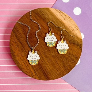 Kitty Cupcake - Cat Necklace - Kid Jewelry - Cat Jewelry -Girl Jewelry - Cat Earrings - Charm Necklace -Girl Gift -Fun Gift -Enamel Pendant
