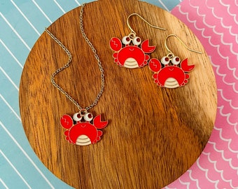 Crabby Crab - Crab Necklace - Kid Jewelry - Crab Jewelry -Girl Jewelry - Crab Earrings - Charm Necklace -Girl Gift -Fun Gift -Enamel Pendant