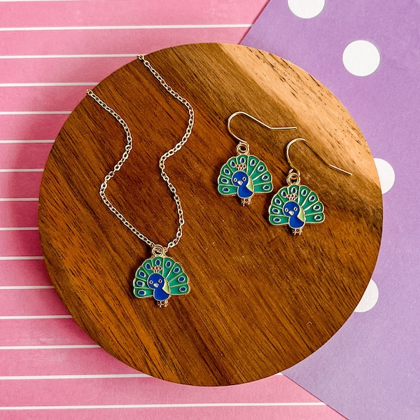 Petunia the Peacock - Peacock Necklace - Peacock Earrings - Peacock Jewelry -Bird Necklace -Bird Earrings -Fun Jewelry -Girl Jewelry