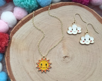 Happy Day Set  - Sun Necklace - Sun Jewelry -Children's Jewelry -Girl Jewelry - Cloud Earrings -Charm Necklace -Girl Gift