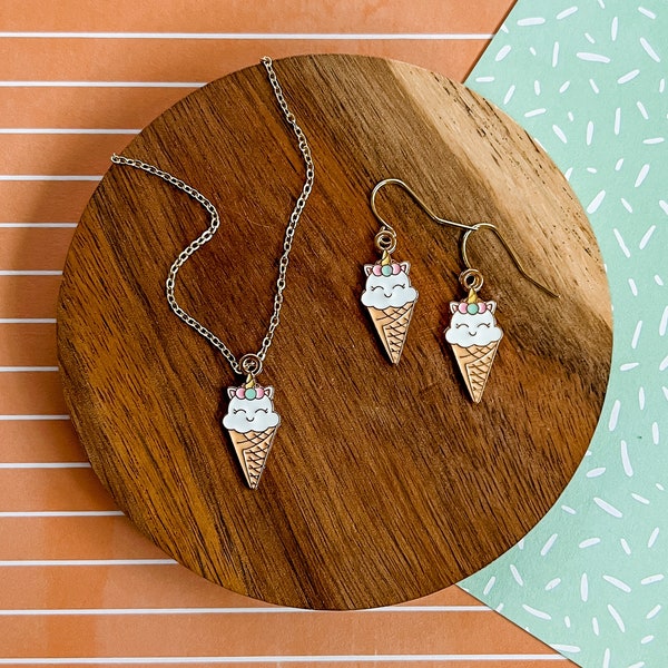 Kitty Cone - Cat Necklace - Kid Jewelry - Cat Jewelry -Girl Jewelry - Cat Earrings - Charm Necklace -Girl Gift -Fun Gift -Enamel Pendant