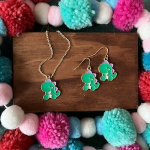 Tina the Dino Set - Dinosaur Jewelry - Dinosaur Earrings - Dinosaur Necklace - Kid Gift- Girl Gift - Fun Jewelry - Kid Jewelry - Dinosaur