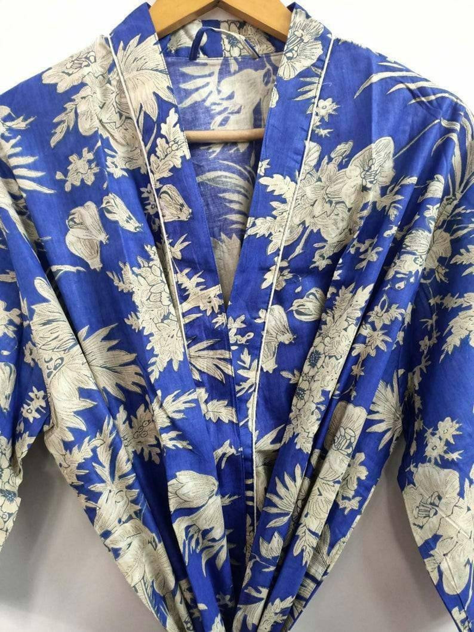 Blue Kimono Robe Ladies Dressing Gown Hand Printed 100 Etsy UK