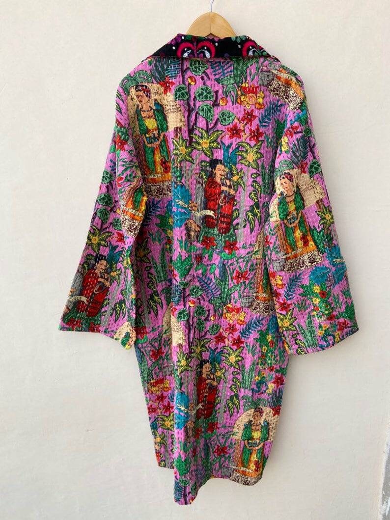 Handmade Dresses Hand Block Kantha Kimono Indian Bath Robe IndIan handamde Pinck Color Farida Khalo Printed Kimono Free Shipping