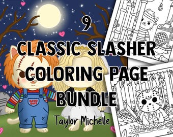 9 Classic Slashers Coloring Pages, Digital, printable, Taylor Michelle, Coloring, Bundle, PDF