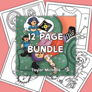 Op de afbeelding: Een bundel van 12 pagina's met kleurplaten met illustraties van een kind verkleed als piraat, een meisje in een blauwe jurk en andere personages. De omslag heeft de tekst "12 PAGE BUNDLE" en "Taylor Michelle". Rondom de bundel bevinden zich verschillende zwart-wit kleurplaten.