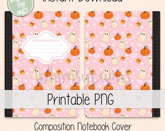 Pink Halloween Composition Book Cover PNG hand drawn custom notebook, sticker cover, printable digital, back to school