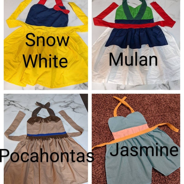 Princess themed child dress up aprons. Ages 3-6. Also have sizes for 7-10 yrs and adult