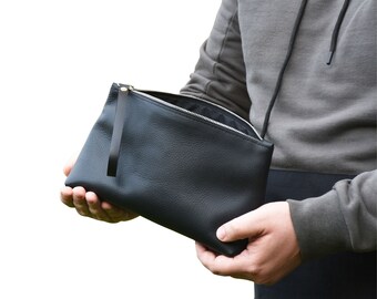 Mini neceser de piel negra para hombre, neceser pequeño con forro impermeable, neceser de viaje hecho a mano.